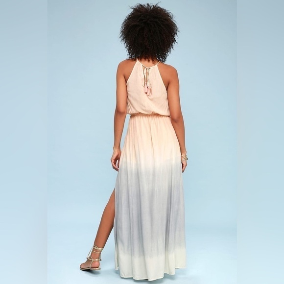 Lulus Size M Sweet Sunset Ombre Dip Dyed Halter Maxi Dress Blue Blush Cream - Picture 5 of 15